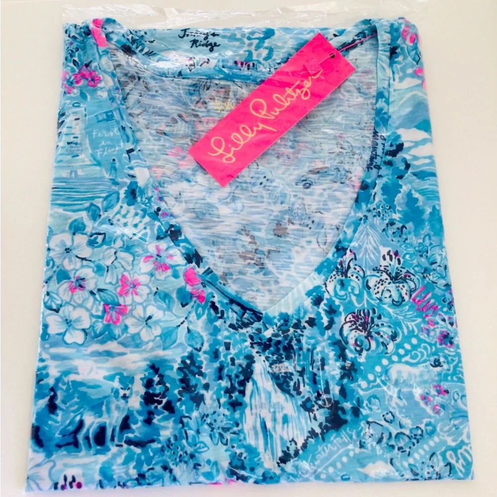 Lilly Pulitzer Etta V-Neck Top-Lilly loves North Carolina Blue Peri NWT In Pack - Picture 9 of 9